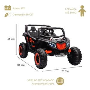 Carrinho Bang Toys Elétrico Infantil UTV R3 12V – com Portas que Abrem, Luzes, Sons, Bluetooth, Controle Remoto – Preto